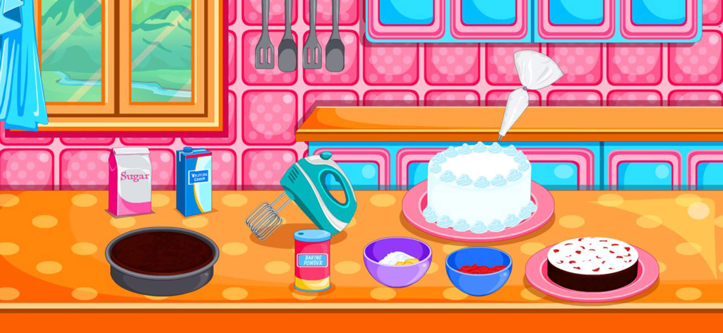 Baking black forest cake games - A cartoon kitchen scene with baking ingredients and a decorated black forest cake.