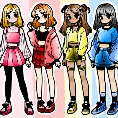 one girl with crop-top shirt and a jacket with a skirt, long socks and another girl with a shirt and pants with a jacket