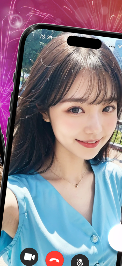 HANABIアプリ内のビデオ通話インターフェースで微笑む女性。