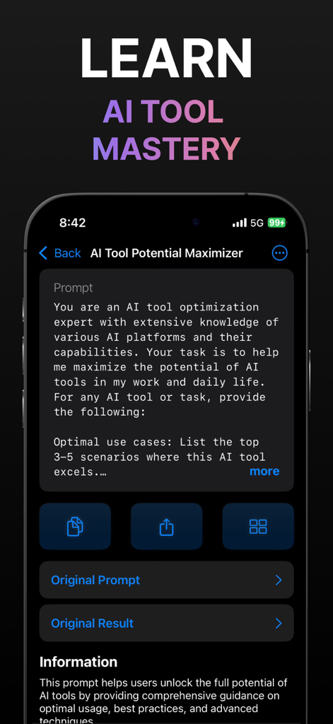PromptKit: AI Helper - PromptKit app interface showing a detailed AI tool optimization prompt and mastery features