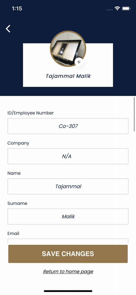 My Company Wellness - User profile edit screen with fields for employee number name and company details in the wellness app