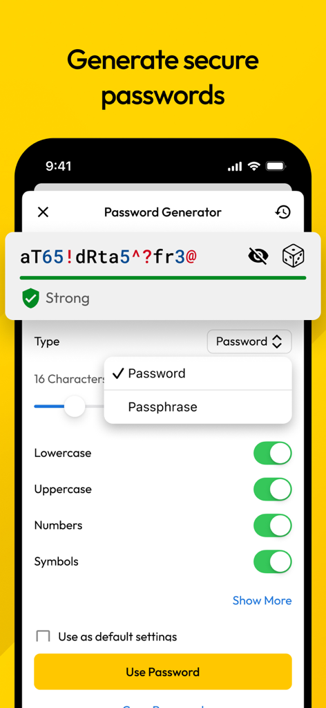 Keeper Password Manager - Interfaccia del generatore di password sicure dell'app Keeper con impostazioni di personalizzazione