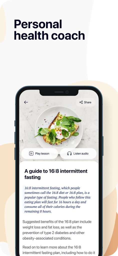 Intermittent Fasting Tracker! - Tela de smartphone mostrando um guia de jejum intermitente 16:8 com uma imagem de refeição saudável e botões de reprodução de aula.