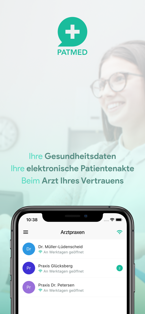 PatMed app interface displaying a list of medical practices on a smartphone