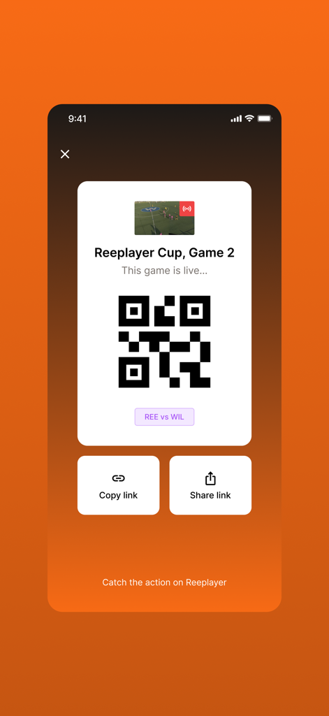 축구 경기 라이브 스트림 공유를 위한 QR 코드 및 버튼을 보여주는 Reeplayer 앱 화면