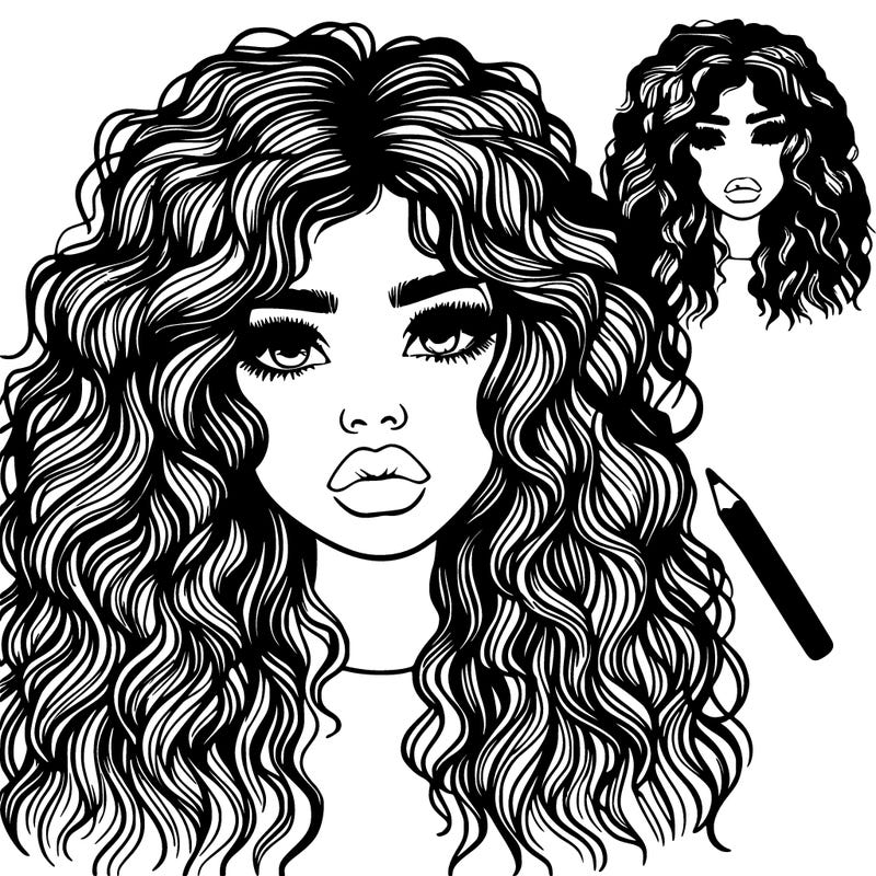 realistic girl with long frizzy hair and lips