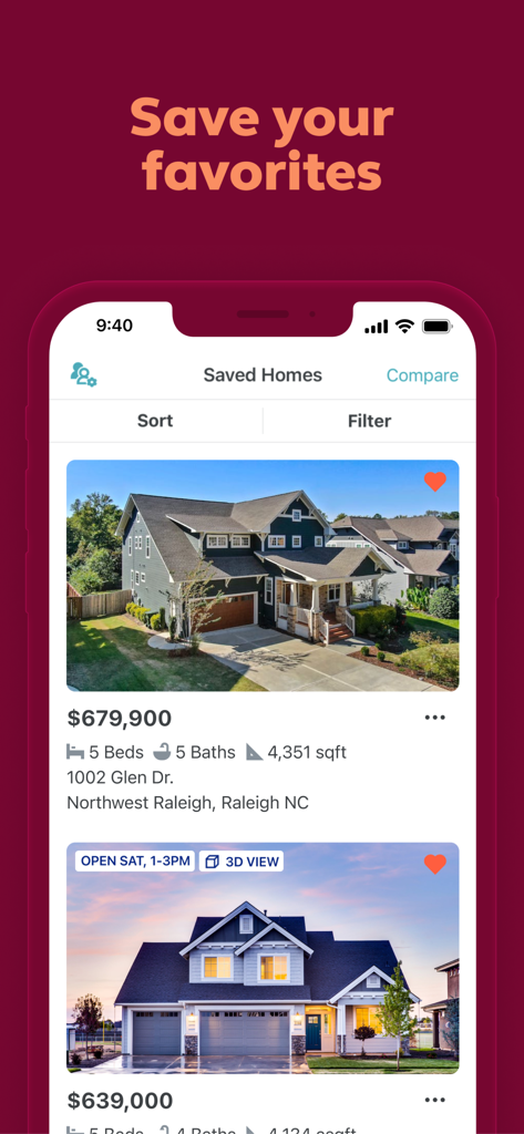 Trulia app interface showing saved home listings with property photos and prices