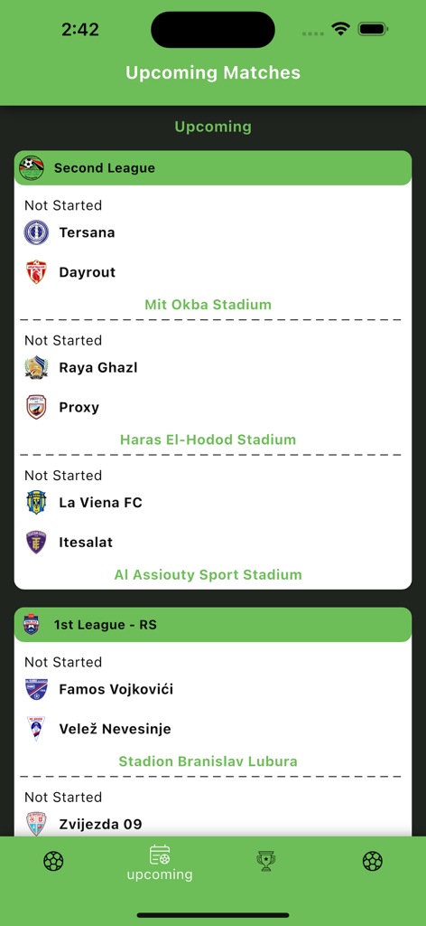 Live Football Tv and Scores - A list of upcoming football matches showing team names stadiums and league categories in the app interface.