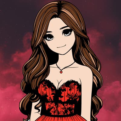 realistic girl with long hair and pretty prom dress