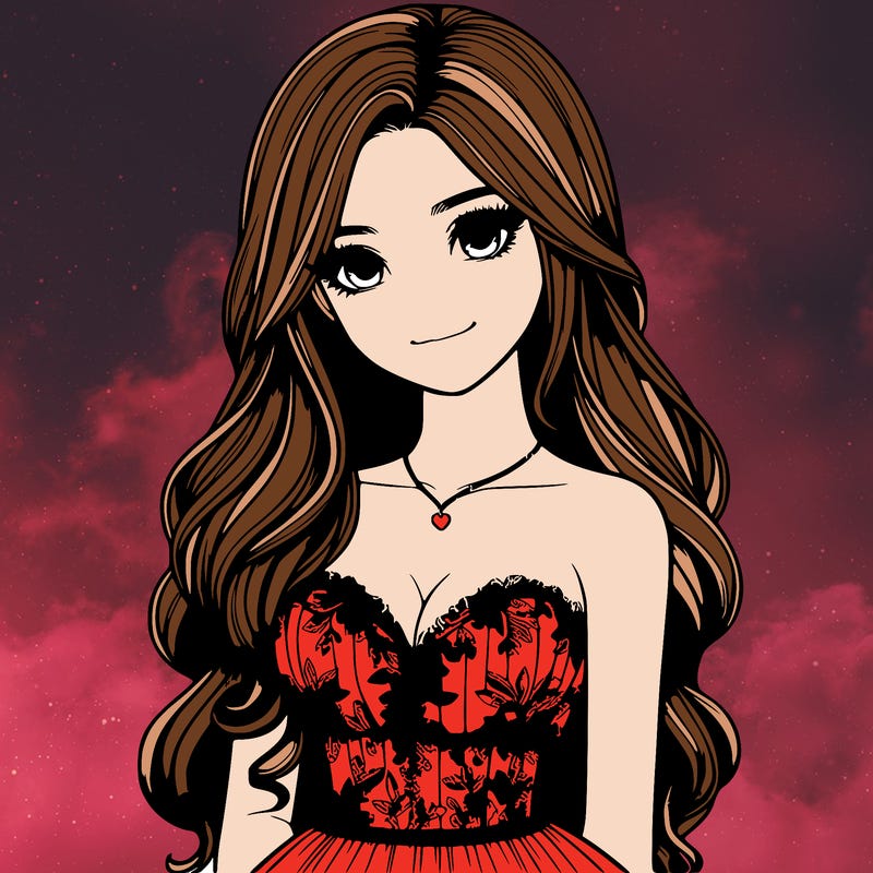 realistic girl with long hair and pretty prom dress