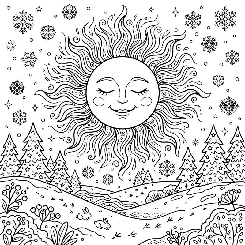 Bring warmth to a frosty scene with this delightful Sun Corona coloring page, perfect for kids. Featuring a friendly sun shining brightly over a peaceful winter landscape filled with snow and charming bunnies.