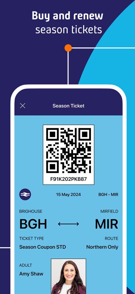Northern Train app interface displaying a digital season ticket with a QR code and traveler profile
