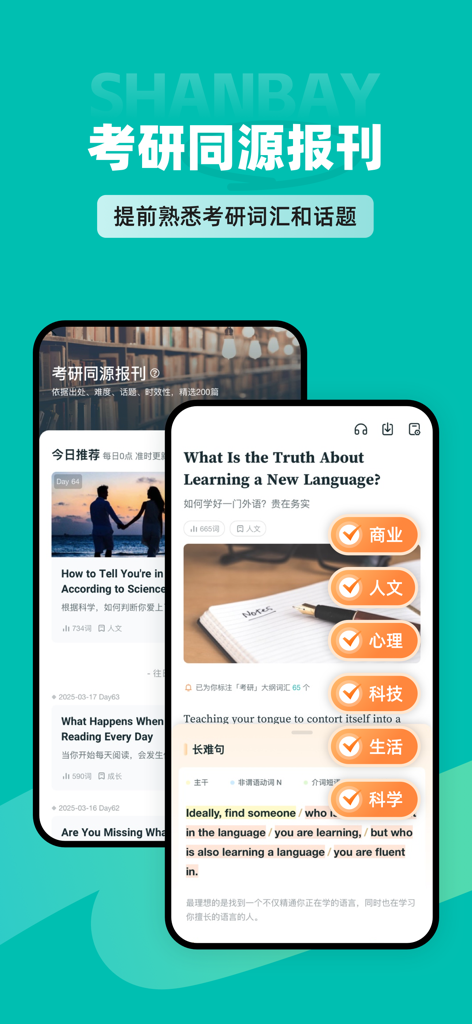 扇贝考研-英语单词阅读写作一站式训练，25年全套真题资料 - Shanbay Kaoyan app interface showing English articles from source journals for postgraduate entrance exam preparation with subject tags like psychology and technology.