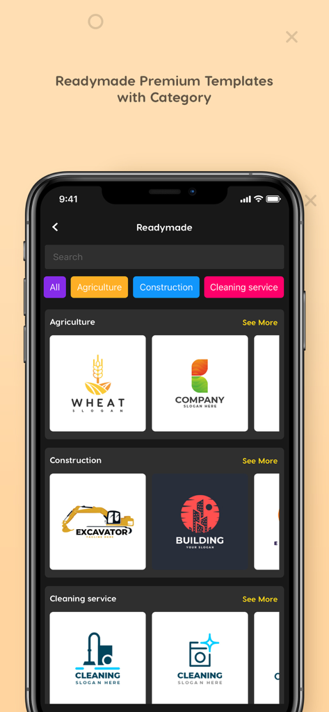 Logo Maker - logo design - A mobile app screen showing various readymade logo templates organized into industry categories such as agriculture construction and cleaning services
