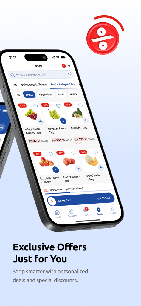 Hyperone - Hyperone mobile app interface showing exclusive grocery deals on fresh fruits and vegetables