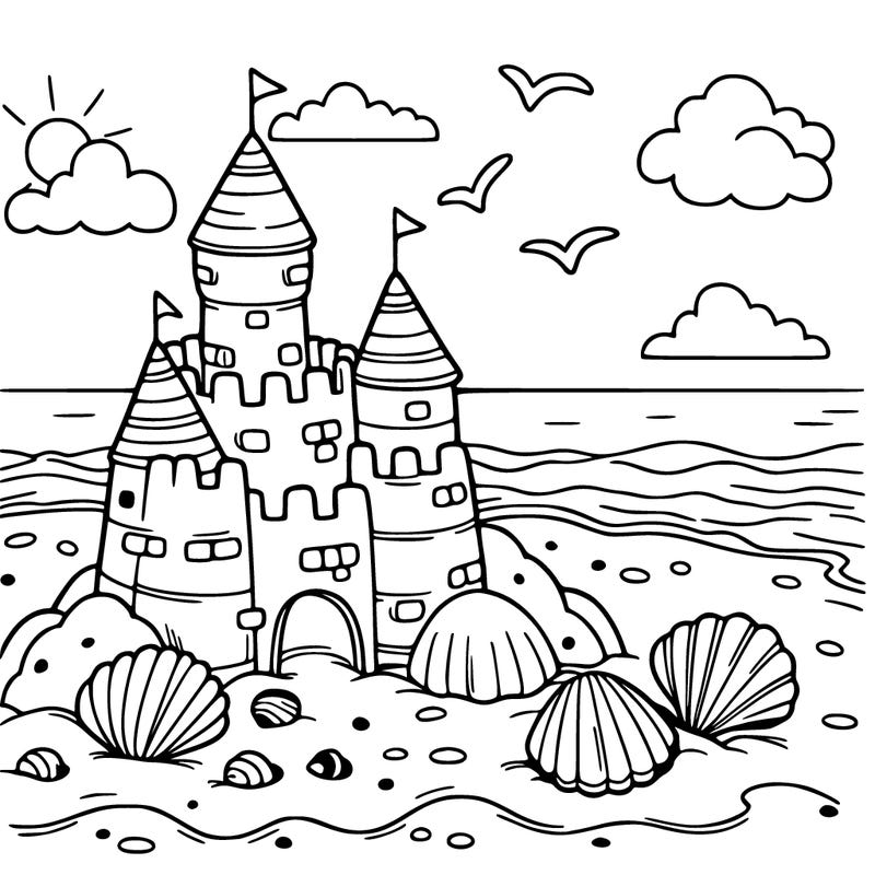 sandcastle at the beach with seashells