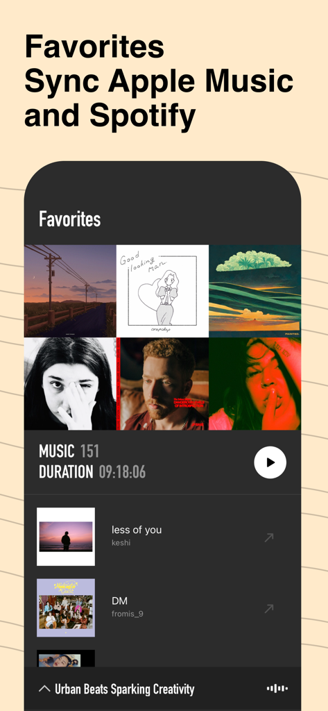 Interface of Dtd Playlist app showing synced music favorites from Apple Music and Spotify with an aesthetic design