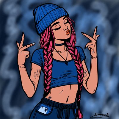 realistic teenage girl with braids and a beanie and crop top doing 🫶🏼