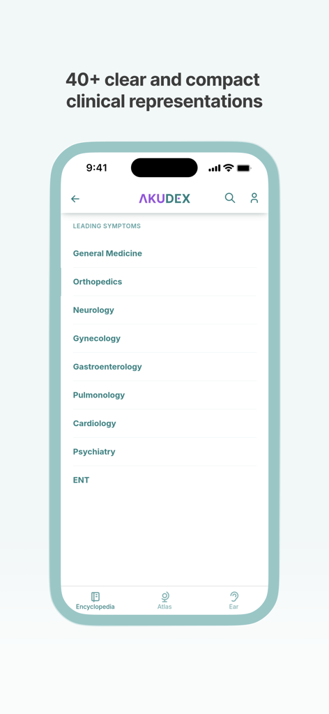 AKUDEX Acupuncture - Ein Bildschirm einer mobilen Anwendung, der eine Liste von führenden klinischen Symptomen anzeigt, die nach medizinischen Fachgebieten wie Orthopädie und Neurologie kategorisiert sind.