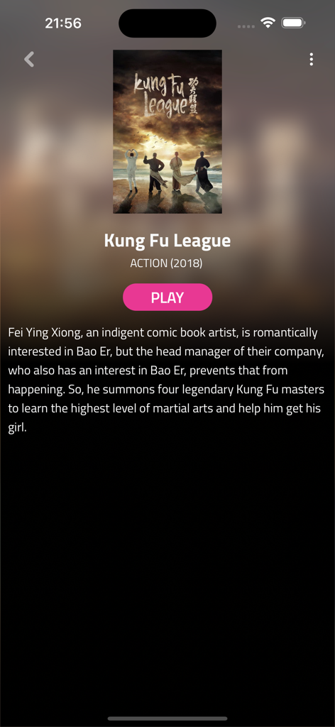 Fresh Drama - Página de descripción de la película Kung Fu League en la aplicación Fresh Drama con un botón de reproducción y sinopsis