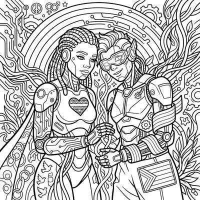 Unleash your creativity with this empowering coloring page featuring two symbiotic cyborgs celebrating Pride Month. Dive into a world where technology and nature intertwine to honor love, diversity, and community.