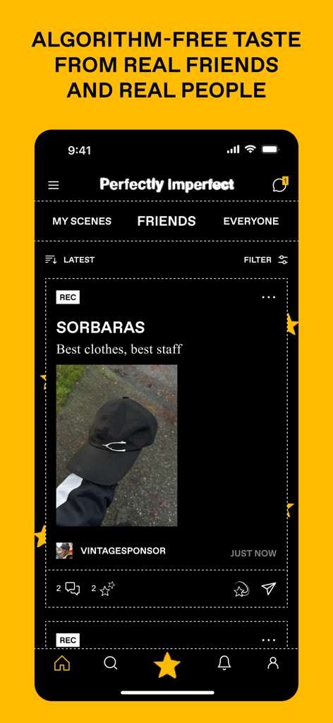 Perfectly Imperfect app interface showing an algorithm-free feed of friend recommendations for fashion and style