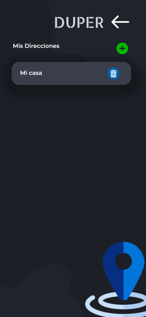 Duper VIP - Pantalla de la aplicación Duper VIP que muestra las direcciones guardadas para una reserva rápida