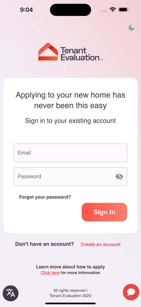 임대 신청을 위한 이메일 및 비밀번호 필드가 있는 TenantEv 로그인 페이지