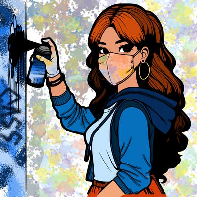 realistic girl with mask spray painting a wall