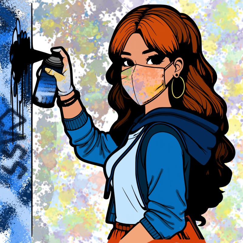 realistic girl with mask spray painting a wall