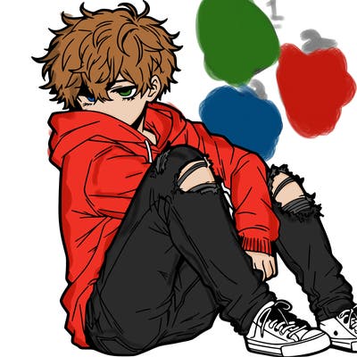 a male hoddie ripped jeans messy hair anime