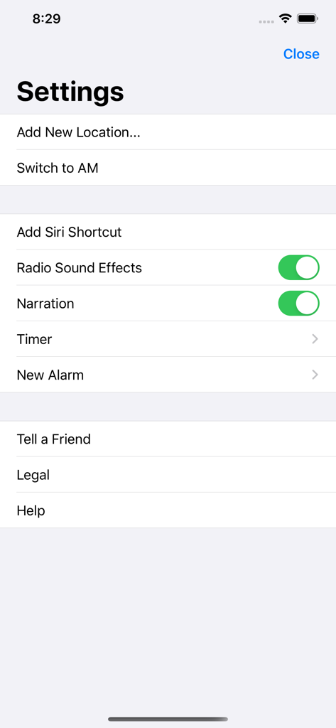 RadioApp - A Simple Radio App - Settings interface of RadioApp showing configuration for alarms timers and siri shortcuts