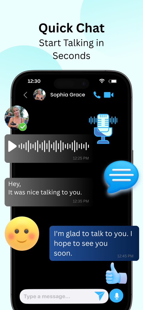 Chimi chat - A mobile app interface of Chimi Chat showing a simulated conversation with voice messages and text bubbles for social skills practice.