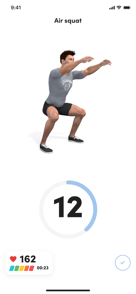 Aura Fitness Club App - A 3D animation of a person performing an air squat in the Aura Fitness Club app with heart rate and rep tracking.