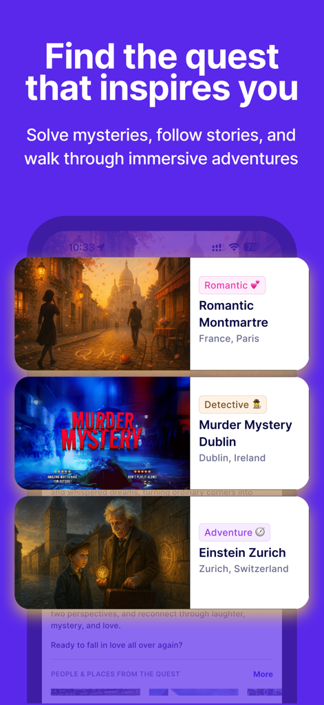 Un'interfaccia mobile di Questo che mostra diverse quest di giochi di fuga all'aperto a Parigi, Dublino e Zurigo