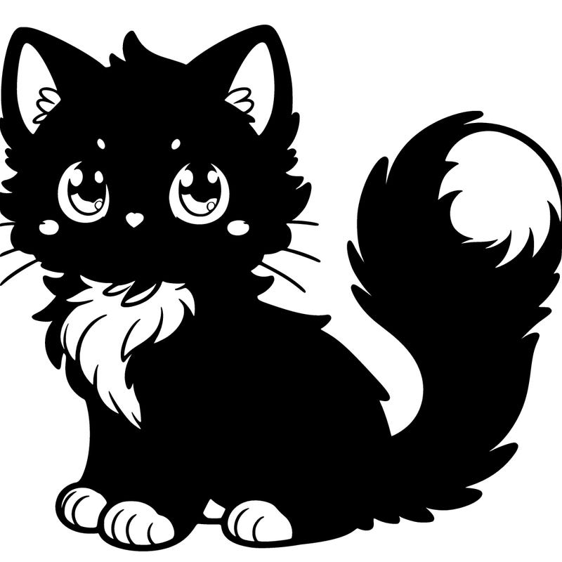 a black kitten with yellow eyes and fluffy tail
