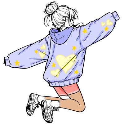 realistic girl jumping with a bun and oversized sweatshirt