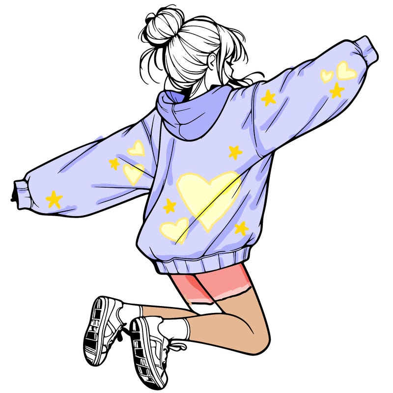 realistic girl jumping with a bun and oversized sweatshirt