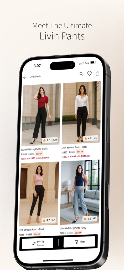 FableStreet-Women Western Wear - FableStreet mobile App-Oberfläche, die verschiedene Stile von LivIn-Hosen für Damen zeigt, einschließlich Bootcut und Marlene-Hosen