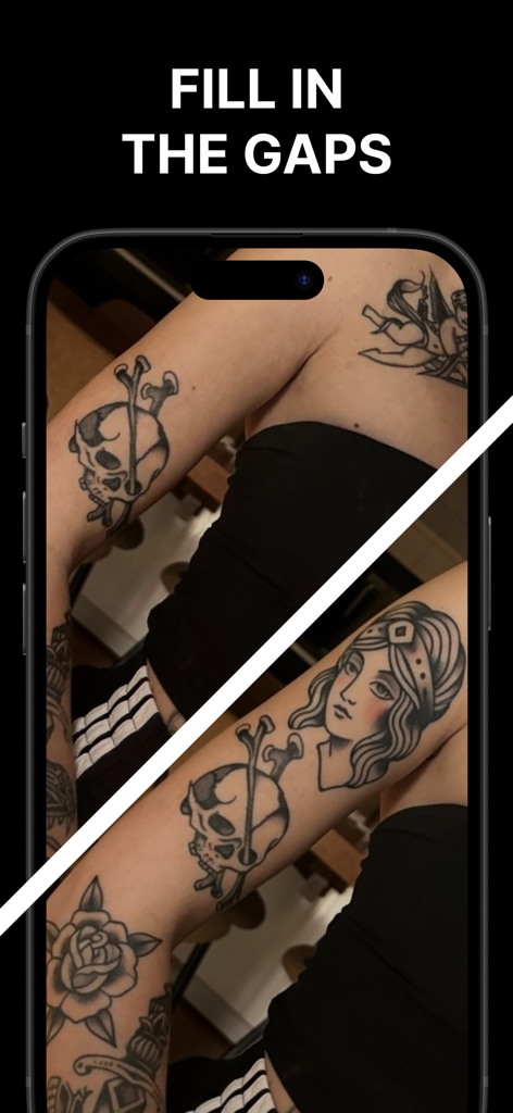 TatsHub - AI Tattoo Generator - A split screen comparison of an arm before and after adding a gap filler tattoo design