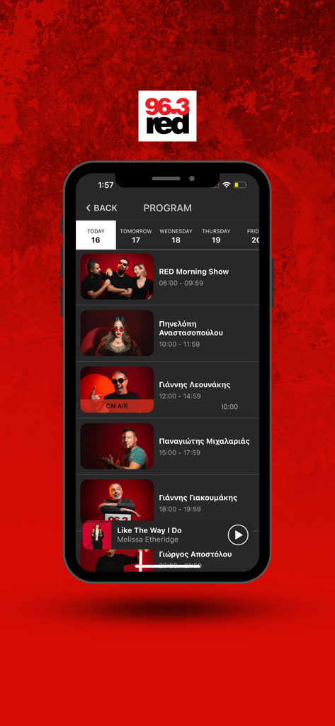 RED 96.3 - RED 96.3 radio app program schedule screen