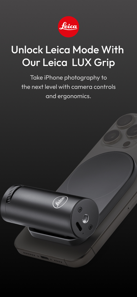 A professional Leica LUX Grip accessory attached to an iPhone for enhanced camera controls and ergonomics.