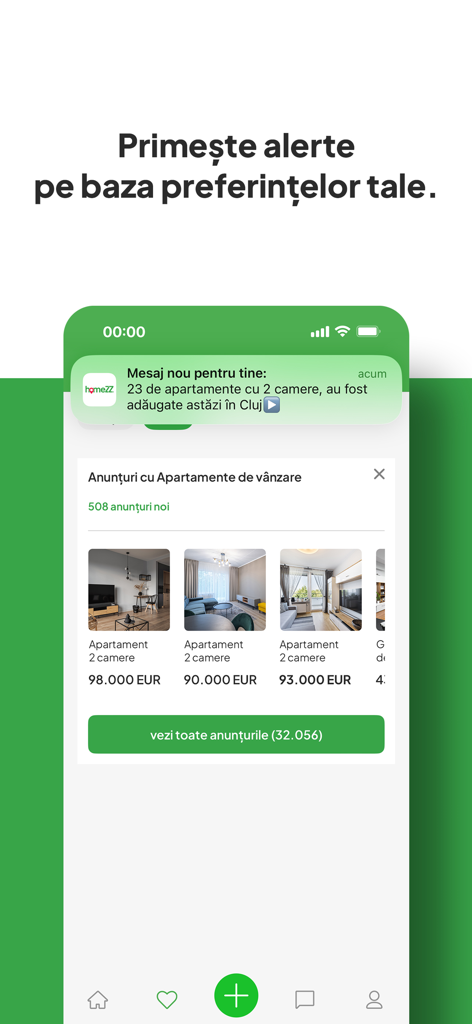 Smartphone screen showing a push notification for new apartment listings in Cluj on the homeZZ real estate app