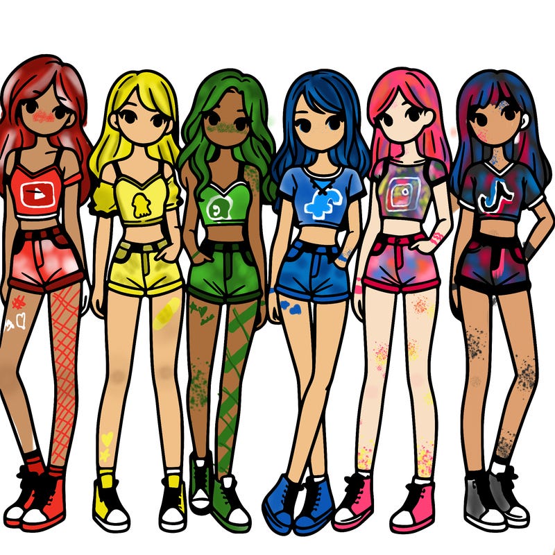 a group of girls wearing crop tops and shorts