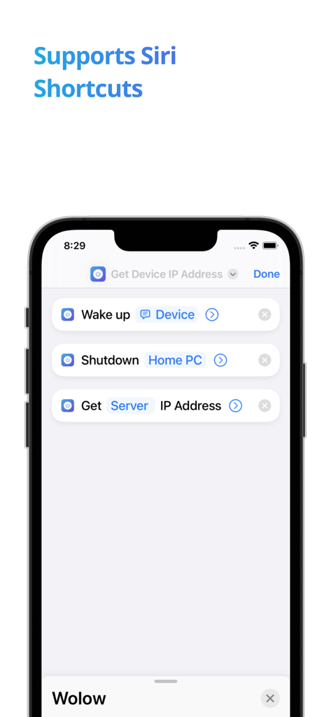 Wolow app interface showing Siri Shortcuts for remote PC power control