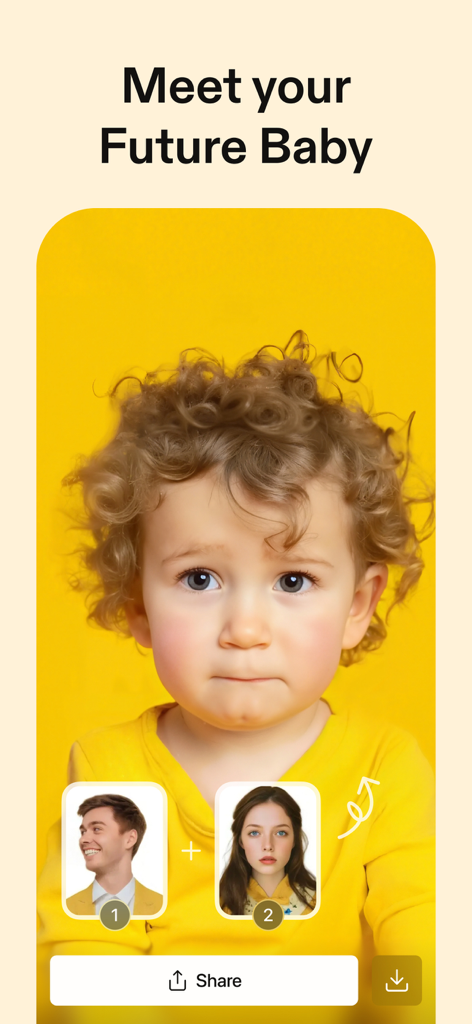 MyShell Al・AI Photo & Video - Interfaz de la app MyShell AI mostrando un niño generado a partir de dos fotos de padres para la función de predicción de bebé futuro.