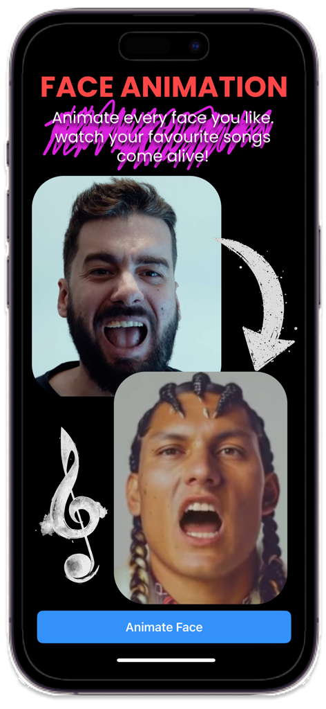 A mobile app interface showcasing the face animation feature where a user's photo is transformed into a singing video clip.