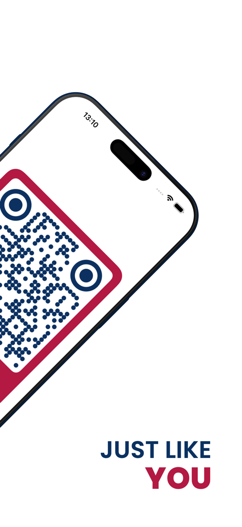 A smartphone screen displaying a custom-styled QR code with blue dots and a red border with the text Just Like You