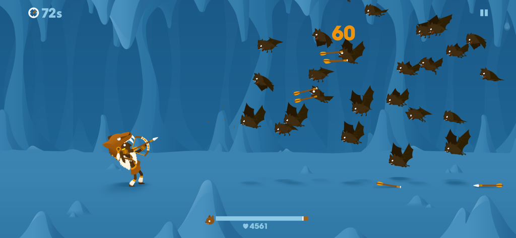 Big Hunter - A primitive hunter character aiming at a swarm of bats in a minimalist blue cave environment.