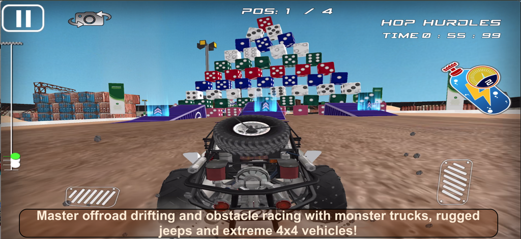 4x4 OFFROAD MONSTER TRUCK RACE - Um monster truck 4x4 a enfrentar um obstáculo de pirâmide de dados gigante num estádio de arena de corridas.